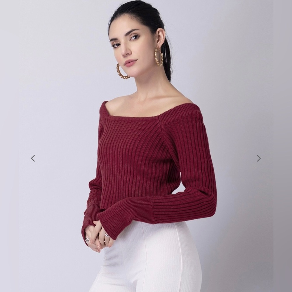 Women Maroon Ribbed Off-Shoulder - Picture 2 of 5